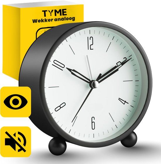TYME Wekker Analoog - Zonder Tikgeluid - Duidelijk leesbaar - Met Alarm - Reiswekker Incl. Verlichting - Zwart
