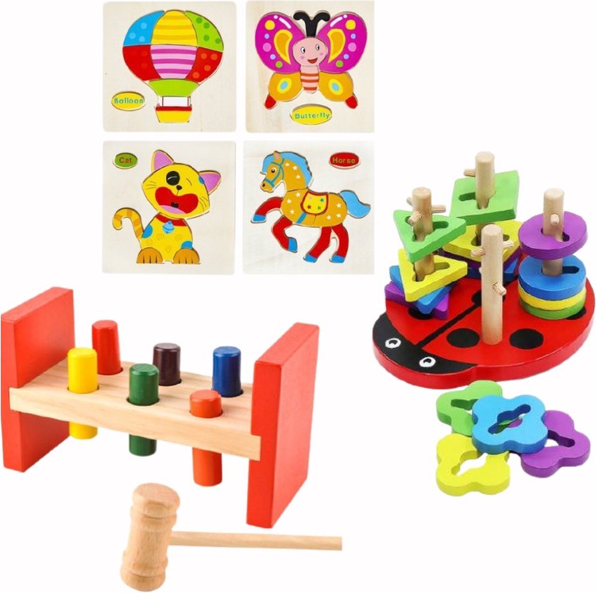 Iso trade Montessori Educatief Houten Speelgoed - 3 in 1 Puzzel Vormenstoof Sorteerpuzzel Sorteerspel Lieveheersbeestje + Hamerbank + 4 Puzzels - Hamertje Tik - Vormenstoof - Peuter Kleuter Speelgoed - Stapel Blokken