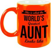 Bellatio Decorations Shoppartners Bv Tante cadeau mok / beker This is what the worlds greatest aunt looks like - neon oranje - verjaardag / bedankje