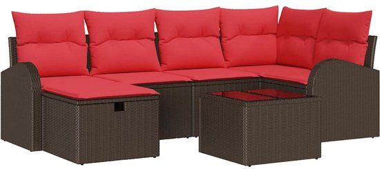 vidaXL Bankstel met kussen met opslag Bruin en Rood poly rattan