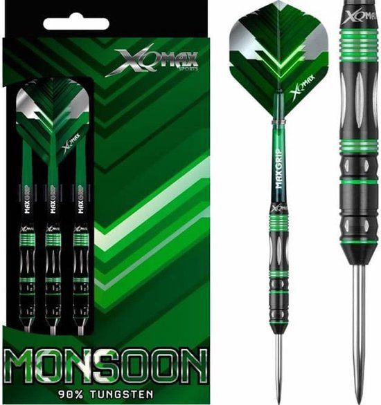 XQMax Monsoon Steeltip Darts - 24g - 90% Tungsten - Green/Black - 3 Pack