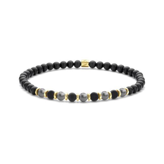 Frank 1967 7FB-0712 Kralen Armband 4mm - Hematite - Zwart Agaat - 18cm - Rekbaar - Goudkleurig