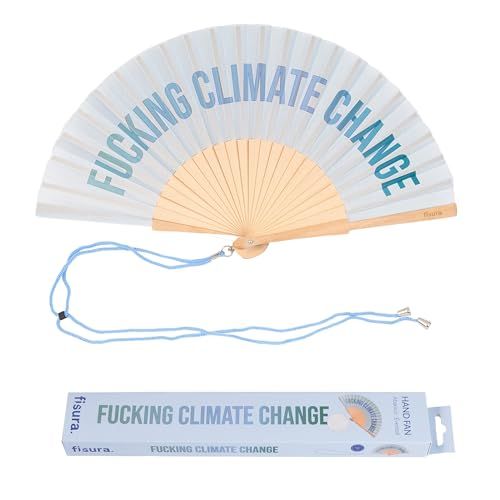 Fisura – Waaier met de tekst “f*cking climate change”. Blauw handventilator van hout met een krachtige boodschap. Ophangkoord inbegrepen. Afmetingen: 42,5 x 23 cm.