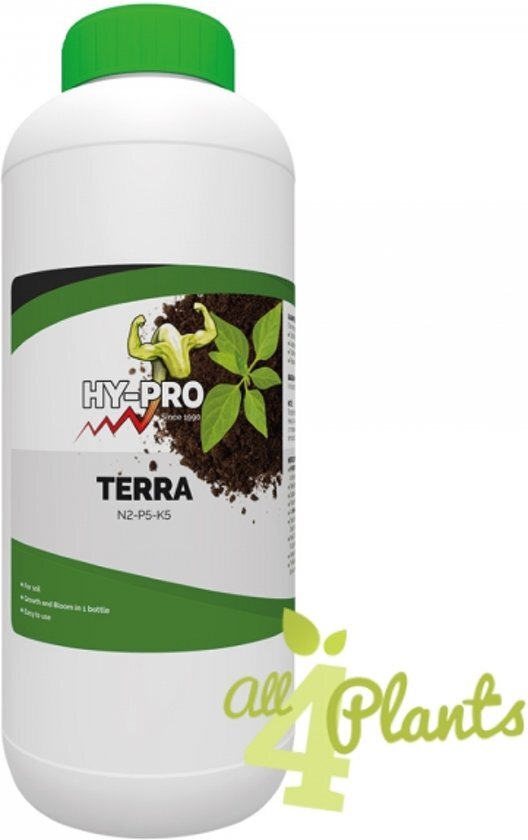 HY-PRO TERRA 1 LITER essentiÃ«le voedingstoffen voor planten in potten, bodems en gronden, voor zowel binnen als buiten.