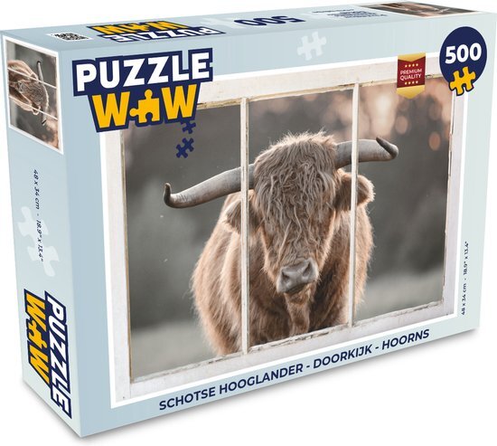 MuchoWow Puzzel Schotse hooglander - Doorkijk - Hoorns - Legpuzzel - Puzzel 500 stukjes