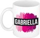 Bellatio Decorations Gabriella naam cadeau koffie mok - beker - met roze verfstrepen - Cadeau collega - moederdag - verjaardag - juf - coach - 300 ml - wit