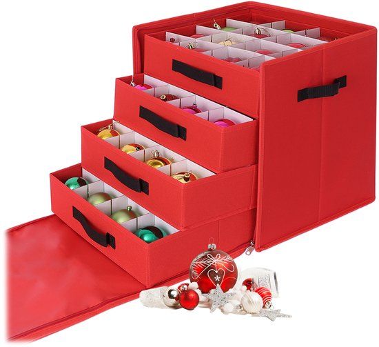 Merkloos Relaxdays Kerstballen opbergbox met lades, voor 64 ballen, rood