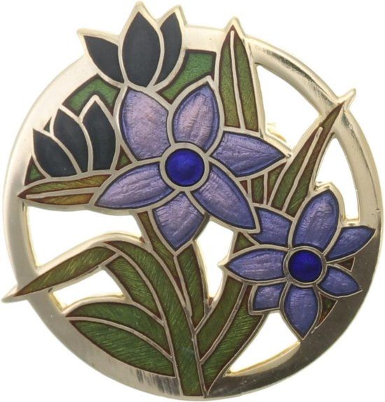 Behave® Broche rond goud kleur met bloemen paars blauw - emaille sierspeld - 3,4 cm