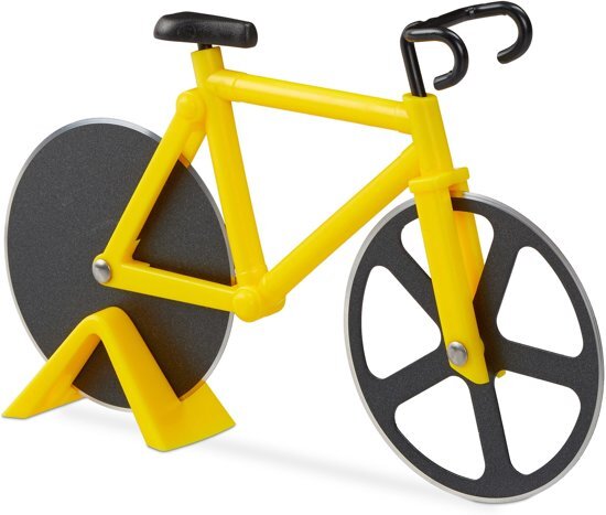 Relaxdays pizzasnijder fiets - pizzames racefiets - pizzaroller - origineel - deegroller geel