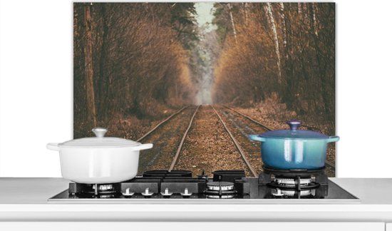 KitchenYeah Spatscherm keuken 80x55 cm - Treinspoor - Pad - Bos - Boom - Aluminium
