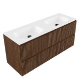 Saniclass Holz Atelier Badkamermeubelset - 140x45x61.5cm - Flow solid surface wastafel wit - 2 wasbakken - 2 kraangaten - 4 lades - mat walnut pure (hout) SW1420812/SW1174117