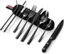 Bol Portable Cutlery Set Stainless Steel Office School Picnic Camping - Spoon Fork Knife Table Knife Steak Knife Straws Brush Bag Black