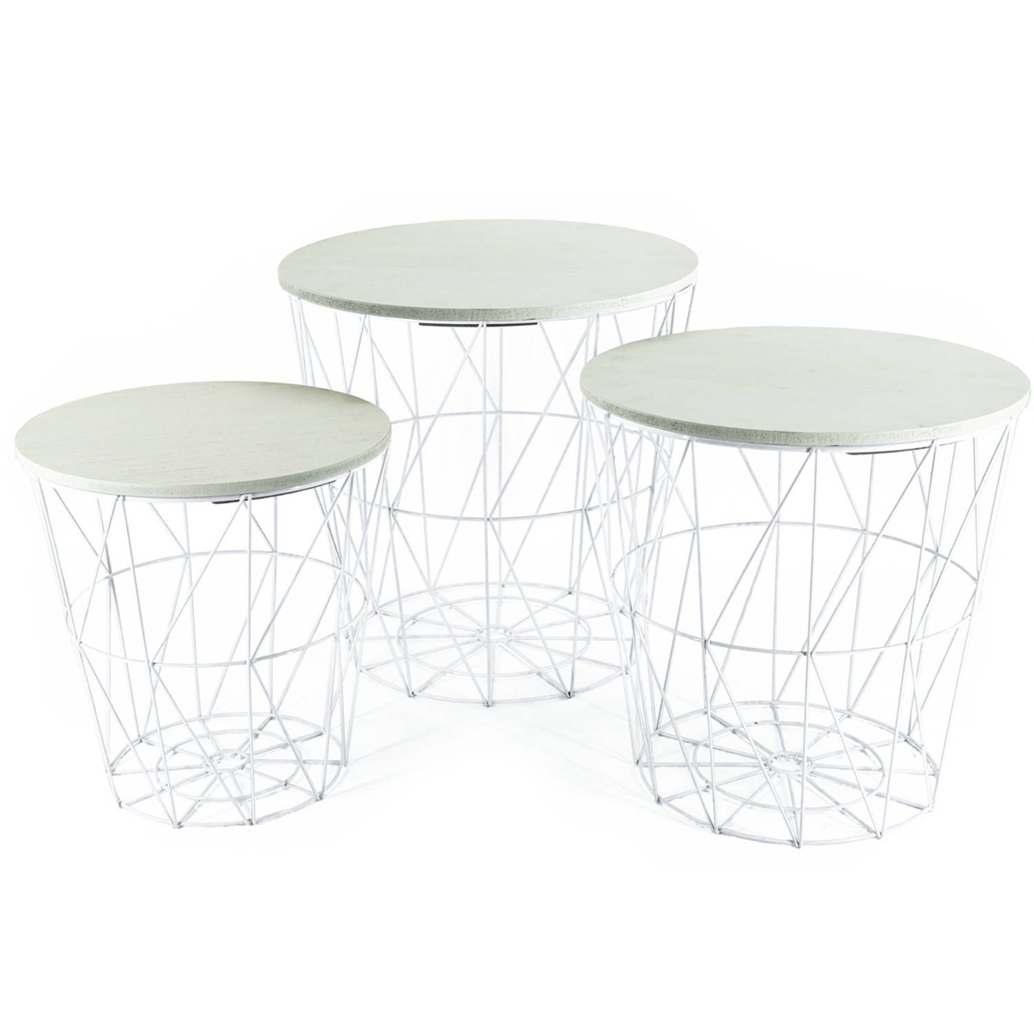 CEPEWA Set of 3 Side Tables Wire Baskets Wood/Metal 30/35/40 cm - Round Side Tables - White/Black