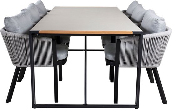 Hioshop Texas tuinmeubelset tafel 100x200cm en 6 stoel Virya wit, zwart, grijs, naturel.