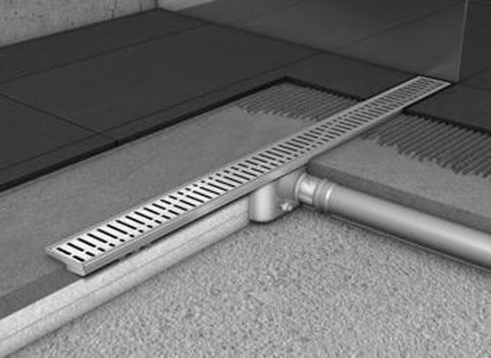 ACO ShowerDrain C douchegoot rvs z.flens z.rooster, 70mm breed, stankslot 25mm 785mm inb. diepte 65mm m. zijuitloop 90108837