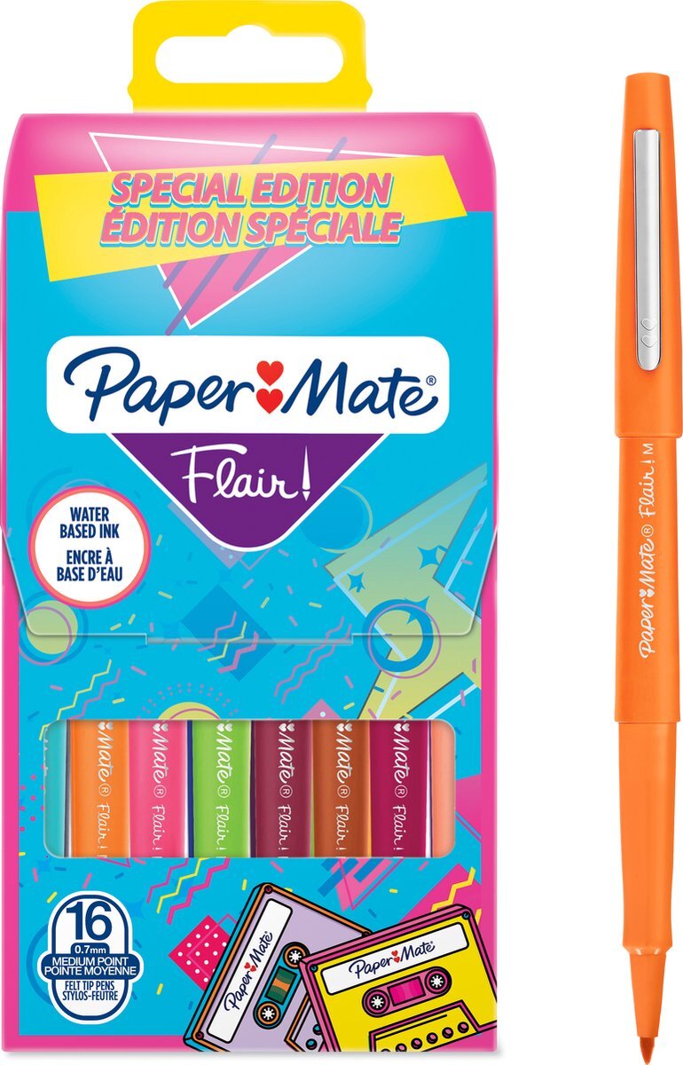 Paper Mate Flair-viltstiften | Medium punt (0,7 mm) | diverse Retrokleuren | 16 stuks