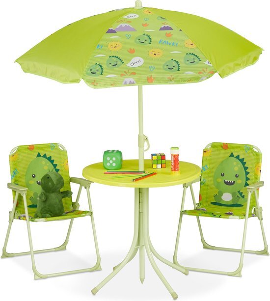 Relaxdays tuinset kinderen - kindertuinstoel - kindertafel - parasol - campingstoel kind monster
