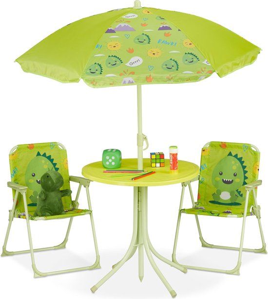 Relaxdays Kindertuinset - Tafel, Stoelen & Parasol - Groen - 4-Delig