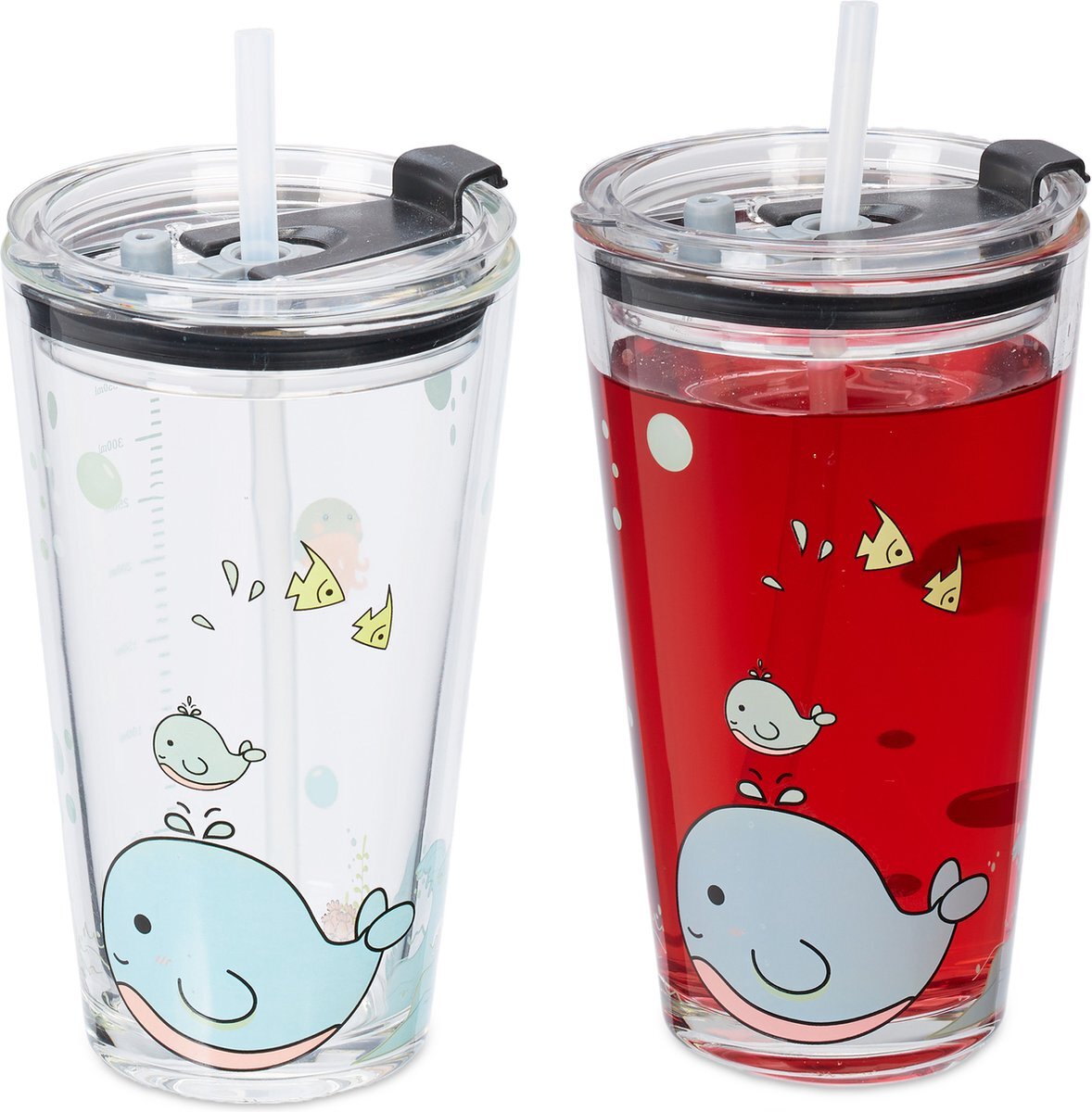 Relaxdays drinkglazen - set van 4 - walvis design - kinderglazen - rietje - transparant