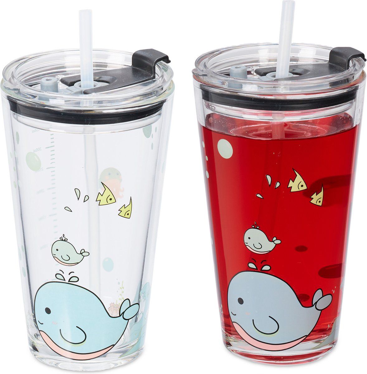 Relaxdays Drinkglazen - Set van 4 - Walvis Design - Kinderglazen - Rietje - Transparant