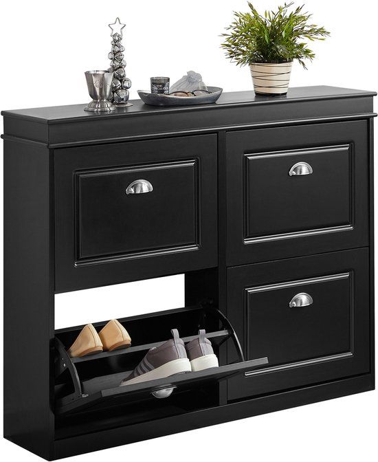 SoBuy FSR79-SCH Smalle Schoenenkast met 4 Kleppen & 8 Verstelbare Planken – Ruimtebesparend Schoenenrek – Zwart, 105x82x24cm