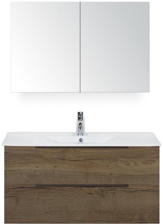 BES LED Seville Badmeubelset 100 cm - Tabacco Edge Greep - Wastafel Enjoy met Spiegelkast