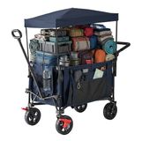 Merkloos Relaxdays Opvouwbare bolderkar met dak, telescoop- & duwhandgreep, rubberbanden met rem, 150 kg, blauw 131x54x97 cm