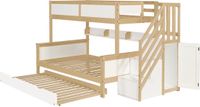 MODFU Kinderstapelbed 90x200 cm – Wit/naturel – Hout – Met uitschuifbaar bed, kast en hoektrap
