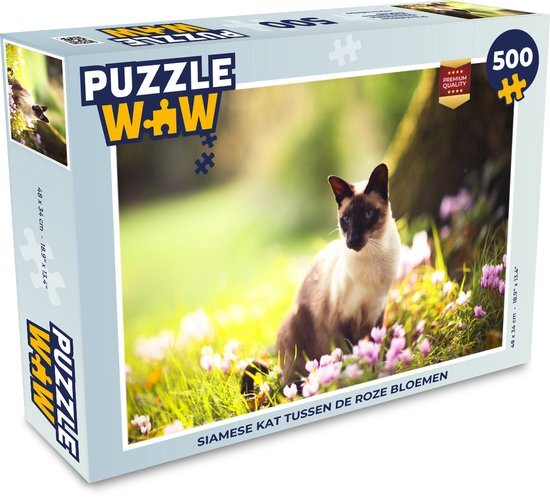 MuchoWow Puzzel Siamese kat tussen de roze bloemen - Legpuzzel - Puzzel 500 stukjes