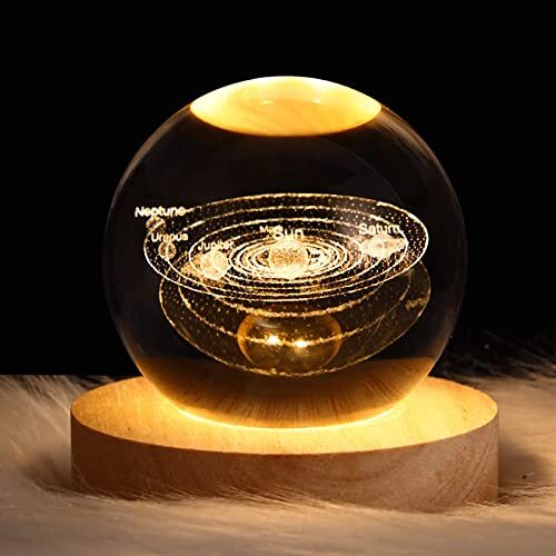 DRYFAL 3D Zonnestelsel Kristallen Bal Nachtlampje voor Kinderen Glazen Bal Nachtlamp met Houten Basis Fantasie Decor Crsytal Bal LED Galaxy Planet Nachtlampje Gift Slaapkamer Decor