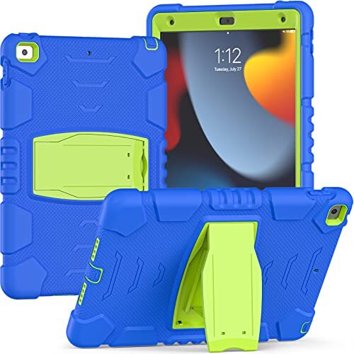 YEOU Schokbestendig hoesje voor iPad 10.2, 3-laags Full Body Tough Robuuste Stand Cover Case, Ingebouwde Potlood Houder voor iPad 10.2 inch 2019/2020 Release-Blauw+Groen