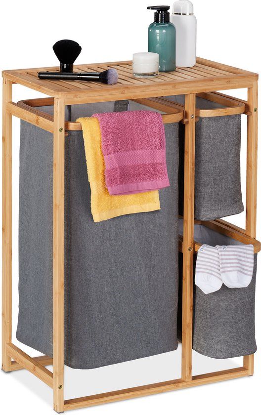 Relaxdays Badkamerrek met Wasmand - Bamboe - 70x50x30.5 cm - 3 Vakken - Grijs/Lichtbruin