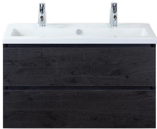 BES LED Vogue Badmeubelset 100 cm - Greeplijst in Kleur - Black Oak - Keramische Wastafel Wit 2 Kraangaten