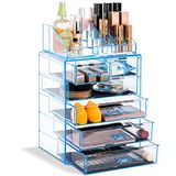 Sorbus Transparante Make-up Organizer, Cosmetica en Sieraden Opbergdoos met 4 Grote en 2 Kleine Lades, Ideaal voor Kaptafel, Badkamer of Aanrecht [Blauwe Glans]
