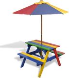 vidaXL Kinderpicknicktafel met banken en parasol hout meerkleurig