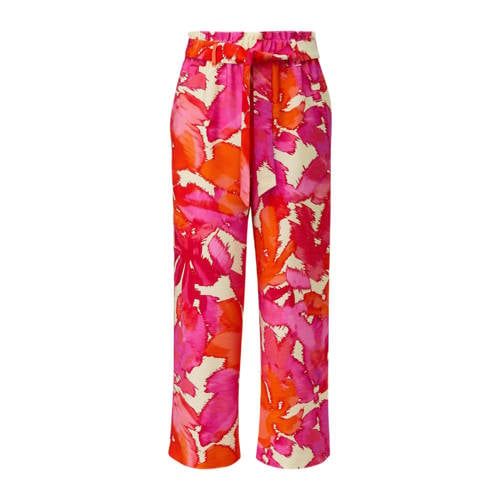 Cropped Loose Fit Trousers with All Over Print - Fuchsia/Orange/Ecru