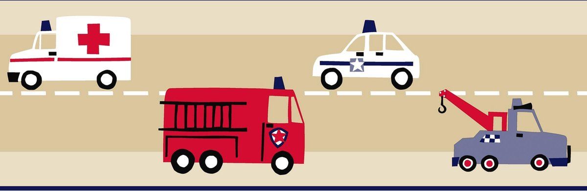Esta Home Behangrand Brandweerauto en Politieauto - 177305 - Beige/Rood/Blauw - 17,06 cm x 5 m