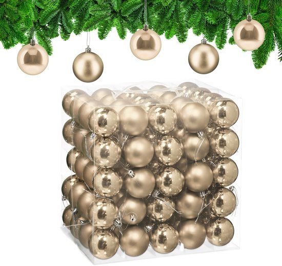 Relaxdays Kerstballen set van 100 - Ø 6 cm - Glanzend & Mat - Kunststof - Champagne