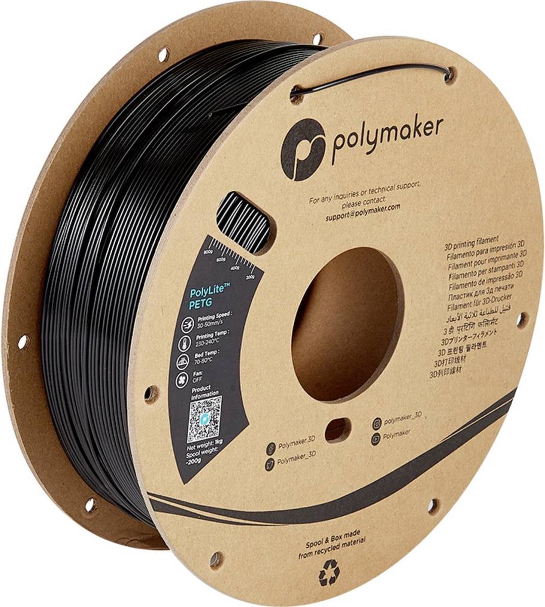 POLYMAKER PB01001 PolyLite Filament PETG hitzebeständig, hohe Zugfestigkeit 1.75mm 1000g black 1S