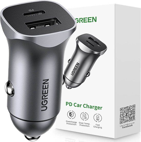 Ugreen 30W Autolader Dual Port Auto PD Oplader PPS Snel Opladen Card Charger Ondersteunt 20W Compatibel met iPhone 13 12, iPad Pro M1, Galaxy S22, S21