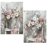 DRW Canvasafbeelding, kubus met bloemen, handbeschilderd, in wit, roze en groen, 70 x 3 x 100 cm