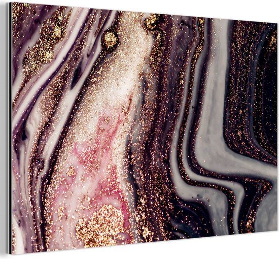 MuchoWow Wanddecoratie Metaal - Aluminium Schilderij Industrieel - Marmerlook - Roze - Goud - Glitter - 30x20 cm - Dibond