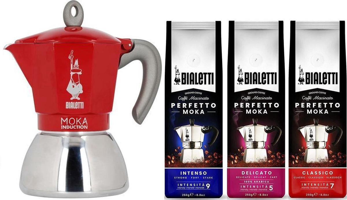Bialetti Moka Inductie Rood - 2-kops - 100ml + Koffie Proefpakket 3 x 250gr