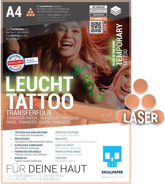 Skullpaper Tattoo Folie Laser A4 4 Vel Glow in the Dark