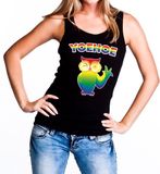 Bellatio Decorations Yoehoe Gay Pride Tanktop/Mouwloos Shirt Zwart met Regenboog Tekst en Knipogende Uil voor Dames - Gay Pride/LGBT Kleding S