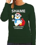 Bellatio Decorations Pinguin Kerst sweater / kersttrui Shame penguins with champagne groen voor dames - Kerstkleding / Christmas outfit XXL