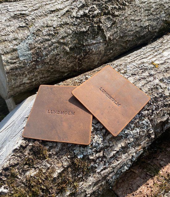 Lundholm Luxe Leren Onderzetters - 6 Stuks - Bruin Hunter Leer - Vierkant