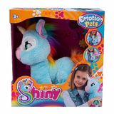 Giochi Preziosi Emotion Pets Shiny Pluche dier, eenhoorn, interactief pluche dier met borstel en 2 kleurrijke sluitingen, lichtblauw en regenboogkleur