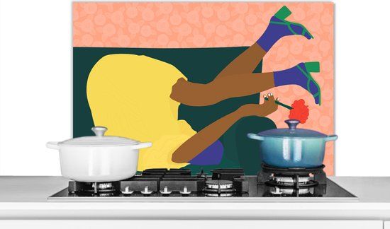 KitchenYeah Spatscherm keuken 90x60 cm - Vrouw - Bloemen - Retro - Aluminium
