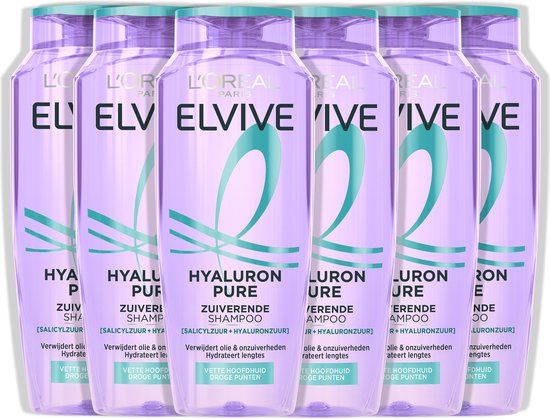 L'Oréal Paris Elvive Hyaluron Pure Zuiverende Shampoo - voor een vette hoofdhuid en droge punten - 6 x 250 ml
